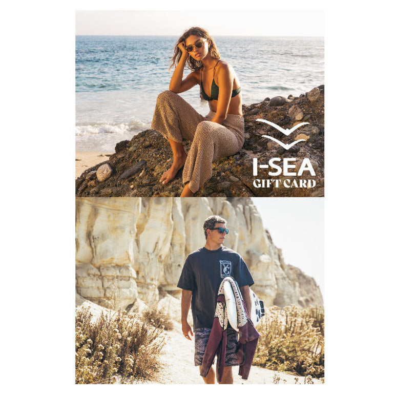 A digital gift card featuring two images, one of a person sitting on a rock by the sea and another of a person standing with a surfboard. 