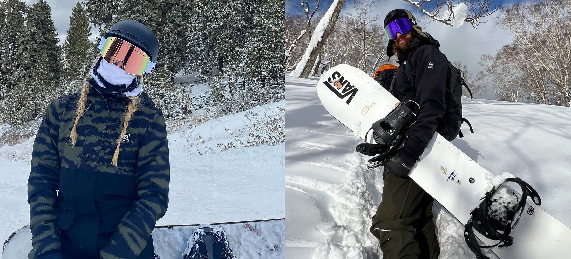 Two snowboarders in winter gear on a snowy slope with trees and mountains in the background.